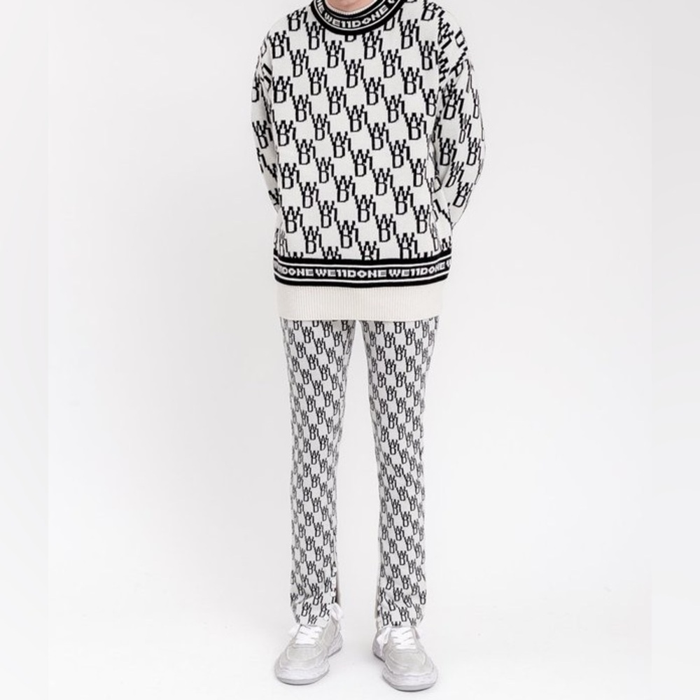 WE11DONE Monogram Straight Leg Pants - Black & White